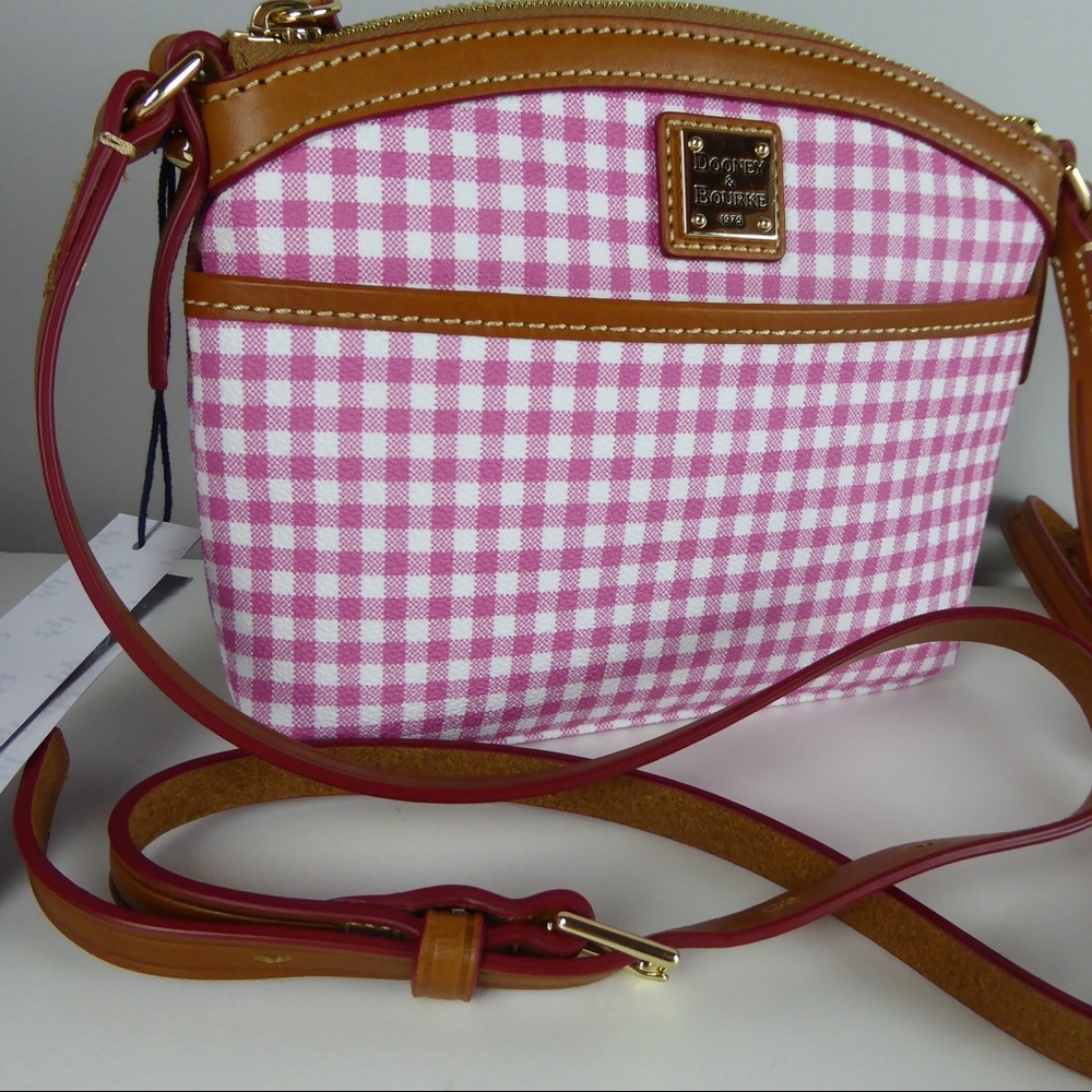 Dooney & Bourke Domed Crossbody Gingham Plaid Pink Bag Canvas Leather Purse NWT
